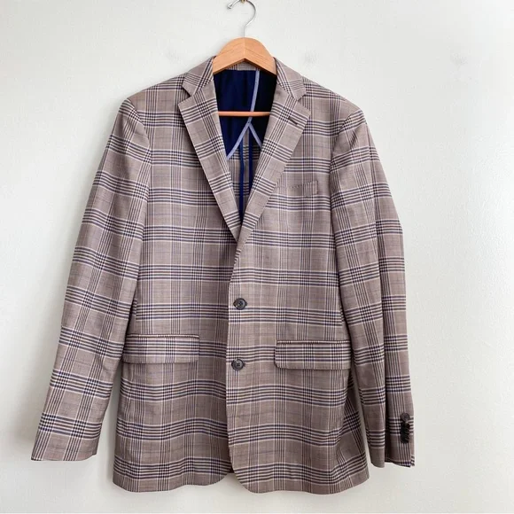Cole Haan Men's Wool Plaid Blazer Sport Coat Preppy Academia Brown Blue Size 40L